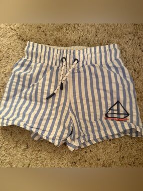 Cat & Jack Blue and White Striped Swim Trunks with Sailboat Accent